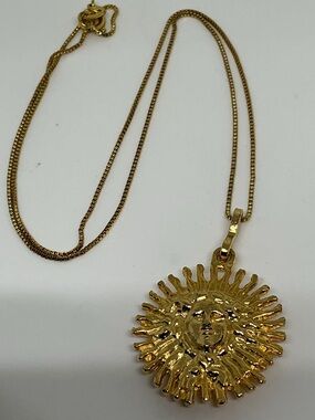 Gold Tone Helios Sun Face Pendant Necklace